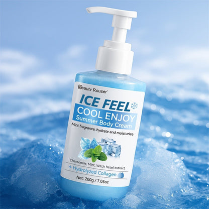 Body Cream Beauty Rouser ICE FEEL 200g Pump with Mint Chamomile Witch Hazel and Collagen Package Callouts