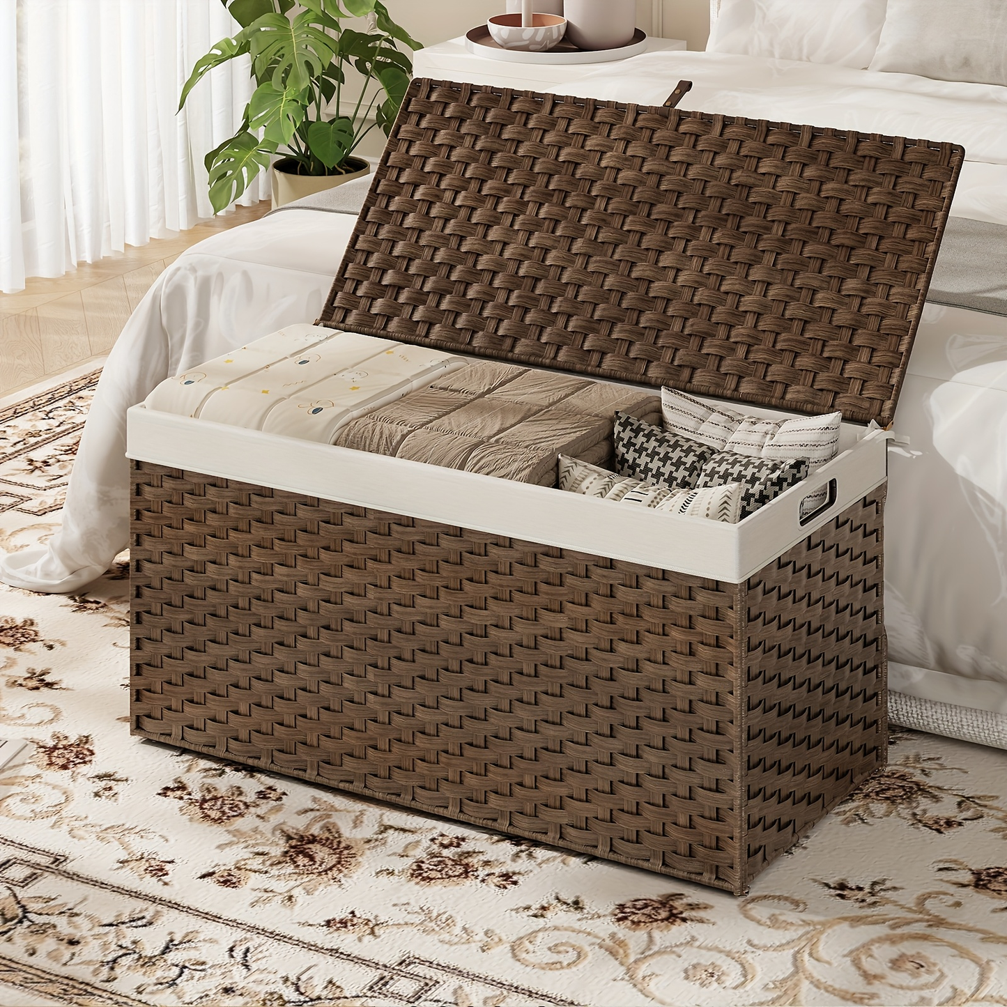 Large Wicker Storage Basket with Lid, Handles, Soft Lining, Metal Frame in a 220L Lidded Format