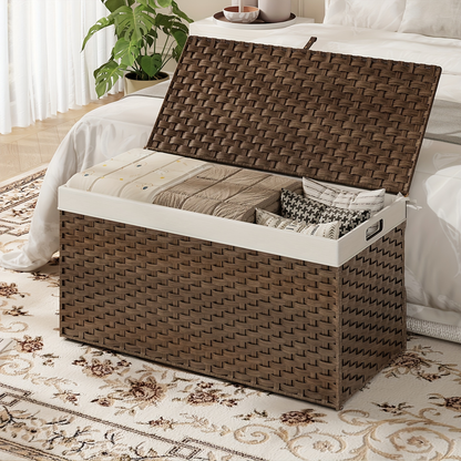 Large Wicker Storage Basket with Lid, Handles, Soft Lining, Metal Frame in a 220L Lidded Format