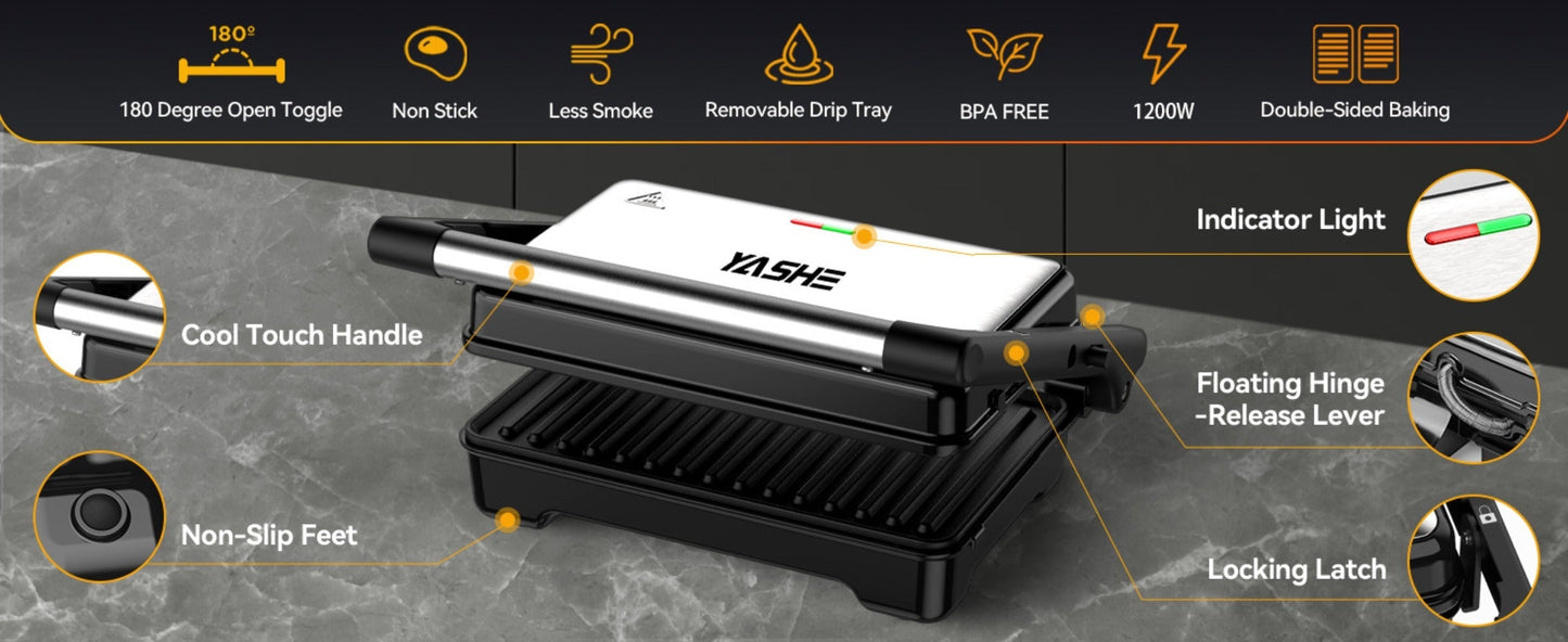 Panini Press Sandwich Maker 1200W, Non-Stick Cast Aluminum Grill with 180-Degree Opening, 2-Slice Panini Maker with Indicator Lights
