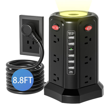 Night Light Power Tower Surge Protector 17-in-1, 12 AC Outlets & 5 USB Ports, 10.2ft Extension Cord