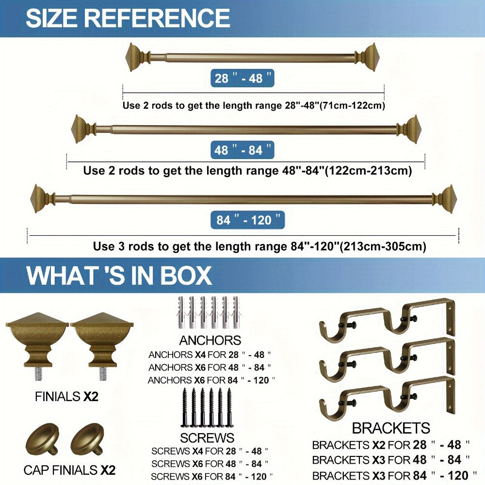Double Curtain Rod Set with Square Urn Finials, Dual Brackets and Five Finish Options for Layered Panels