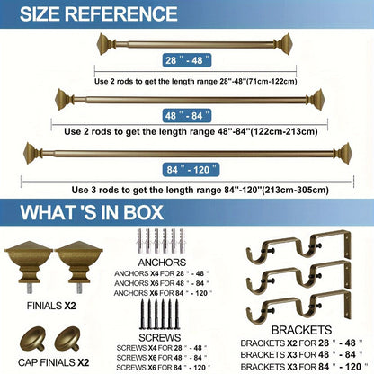 Double Curtain Rod Set with Square Urn Finials, Dual Brackets and Five Finish Options for Layered Panels