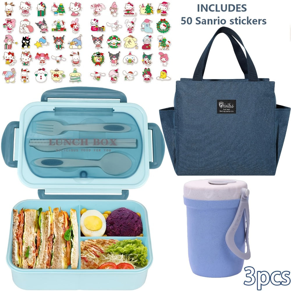 Sanrio Lunch Box Set 53pcs Bento Box with Thermal Bag Breakfast Cup Portable Sealed Compartment Microwave for Work Picnic School
