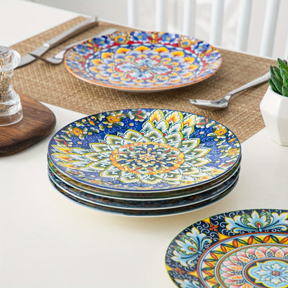 Bohemian Ceramic Dessert Plate Set of 6 – 8.5 Inch Colorful Abstract Pattern Dinnerware, Glazed Porcelain Plates
