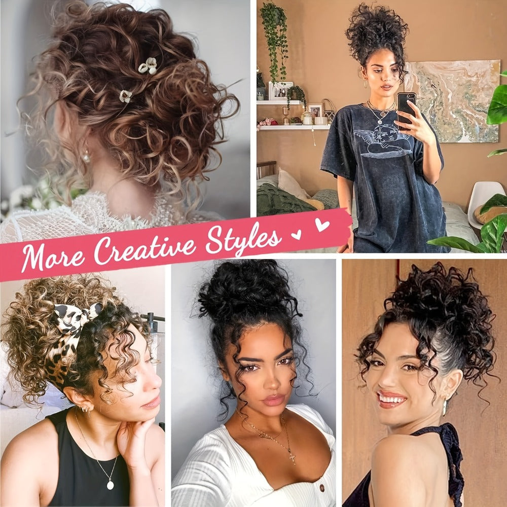 Hair Extensions Curly 10-Inch Synthetic Drawstring Bun with Comb Clips, 80g Weight and Two Brown Color Options