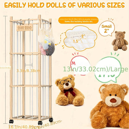 Stuffed Animal Storage Organizer with Pine Wood Frame, Wheels and 2 or 3 Tiers for Nursery or Playroom