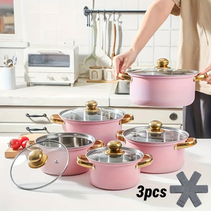 304 Stainless Steel Cookware Set with Golden Handles, 1/10/15pcs Deep Thick Soup Pot & Pan Set for Induction & Gas Stoves