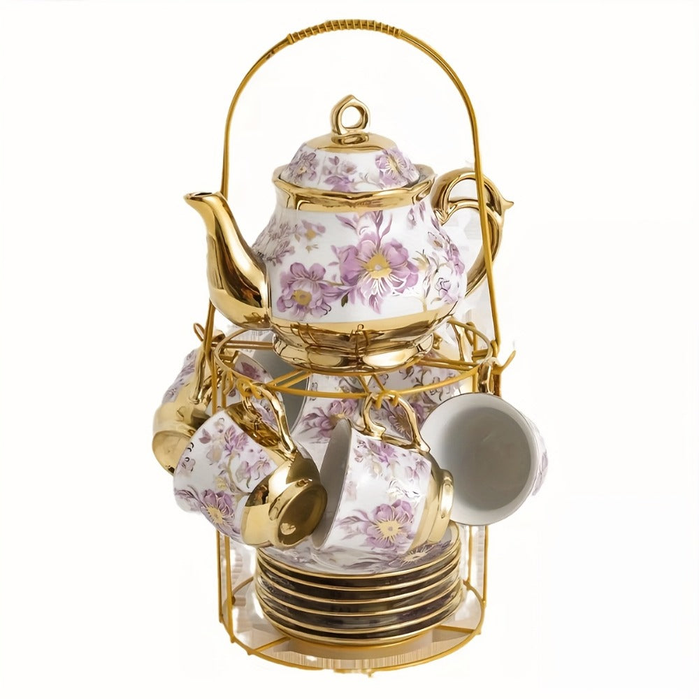 20-Piece Floral Ceramic Tea Set with Saucers & Metal Stand, European Afternoon Tea Service, Blooming Design