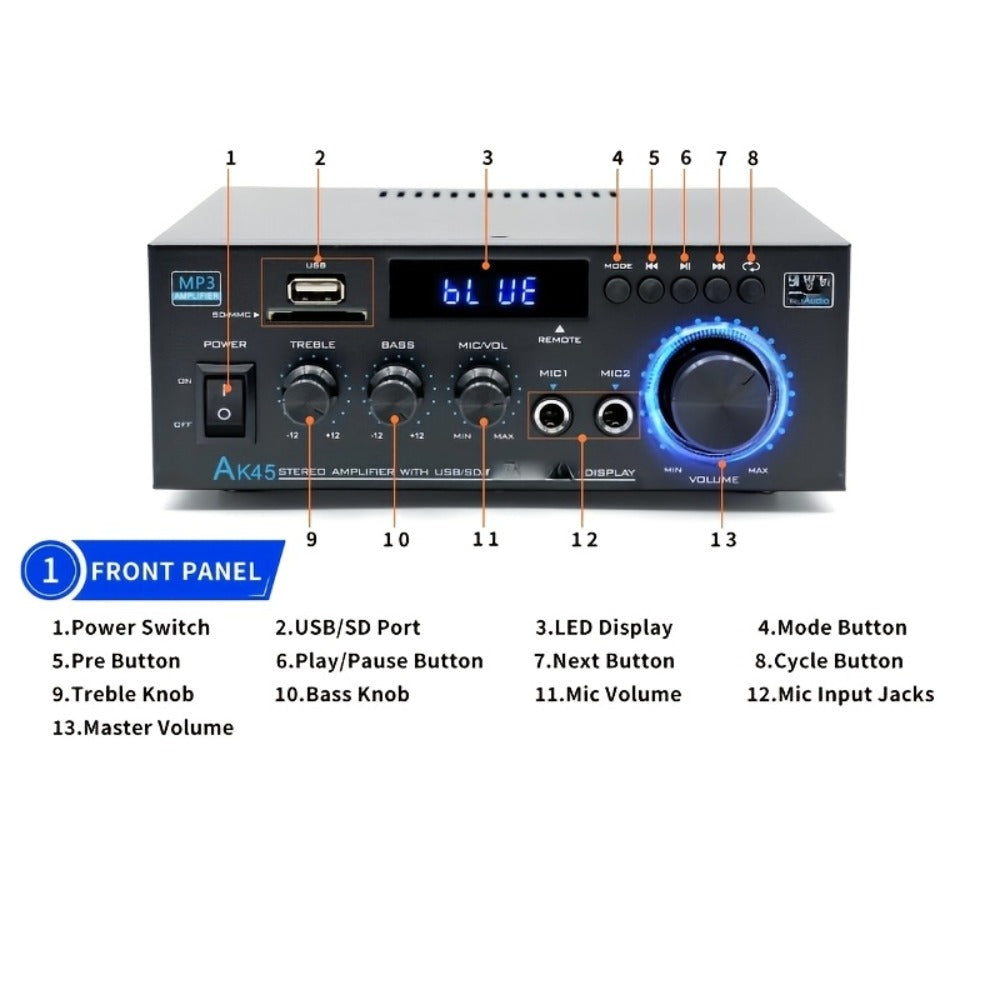 400W Bluetooth 5.0 Stereo Amplifier Receiver AK45, 2-Channel Home Audio Power Amp with Karaoke, FM Radio, USB MMC SD Card