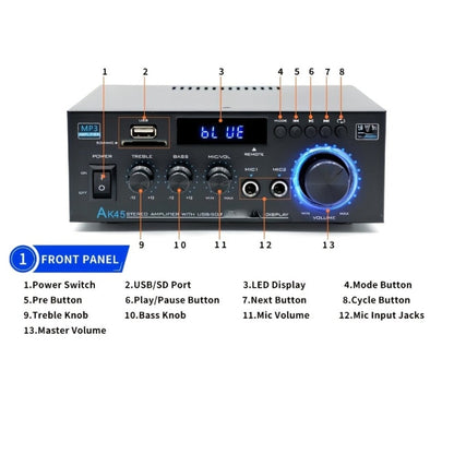 400W Bluetooth 5.0 Stereo Amplifier Receiver AK45, 2-Channel Home Audio Power Amp with Karaoke, FM Radio, USB MMC SD Card