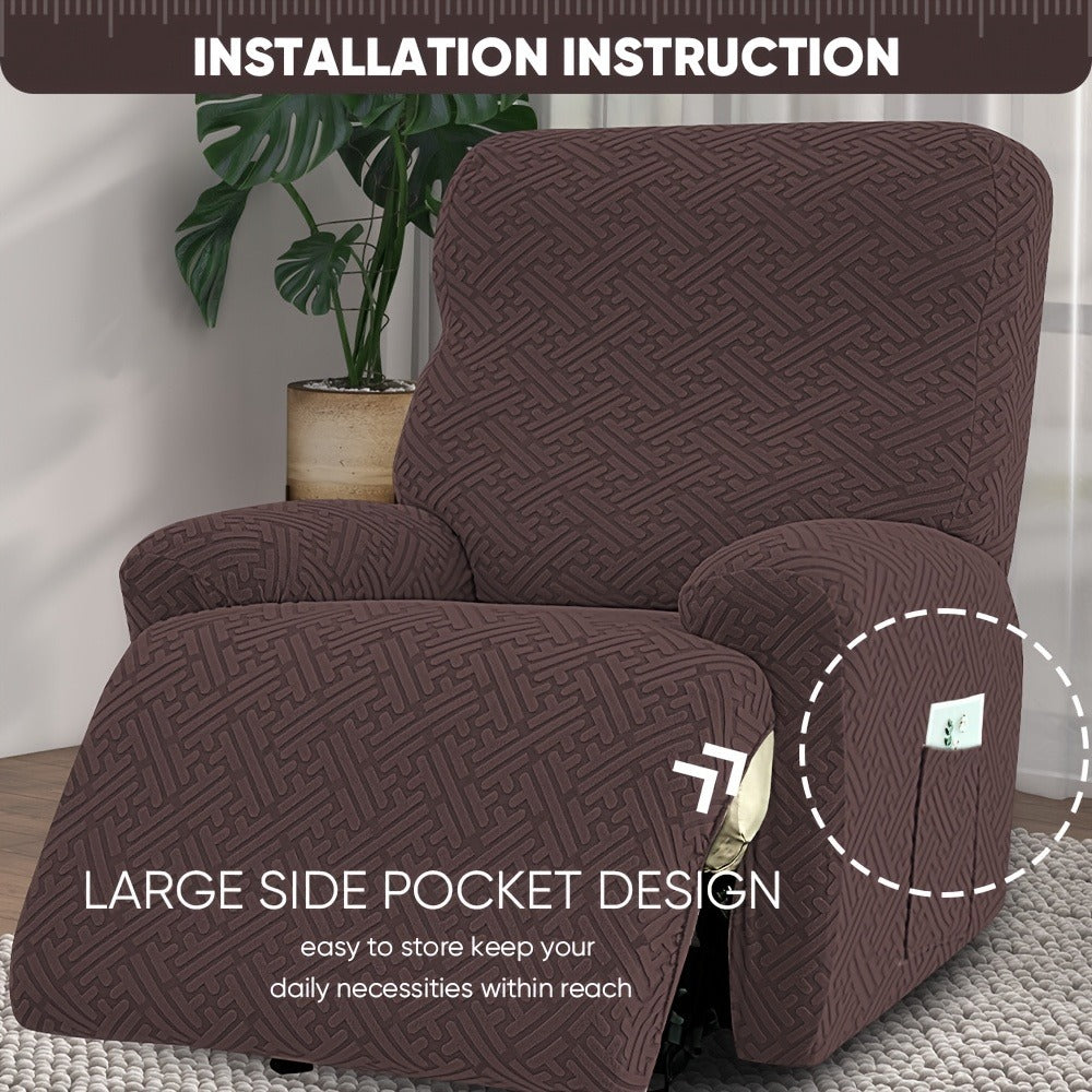 Four-Piece Maze Jacquard Recliner Chair Cover Set with Side Pocket and Nine Solid Color Options