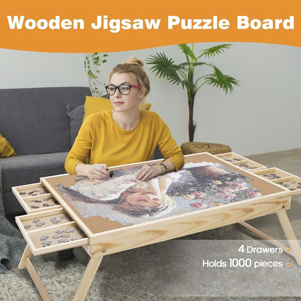 Jigsaw Puzzle Table with Folding Legs – 4 Drawers 16 Sorting Grids Portable Wooden Puzzle Board for 1000 Pieces