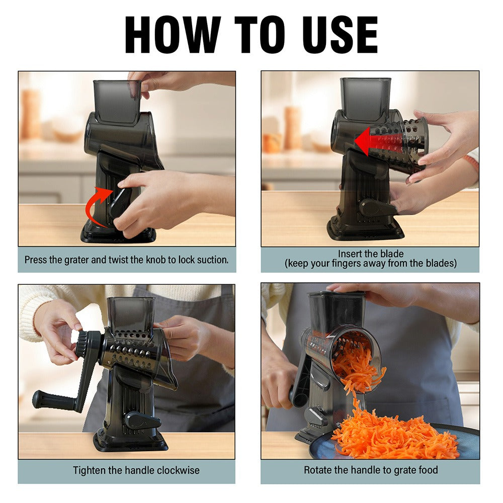 Rotary Vegetable Chopper Cheese Grater 5 Interchangeable Drum Blades Suction Base Handle for Cheese Vegetables Nuts Slicing Shredding