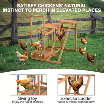 Chicken Coop Toy Activity Play Stand with Perches Swing Ladder Feeder Xylophone Bell Natural Wood Poultry Enrichment Gym for 3-4 Chickens