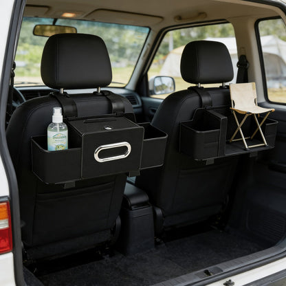 Compact Headrest-Hanging Car Organizer with Two Cup Pockets, Tissue Opening, Hooks and Five Pack Options