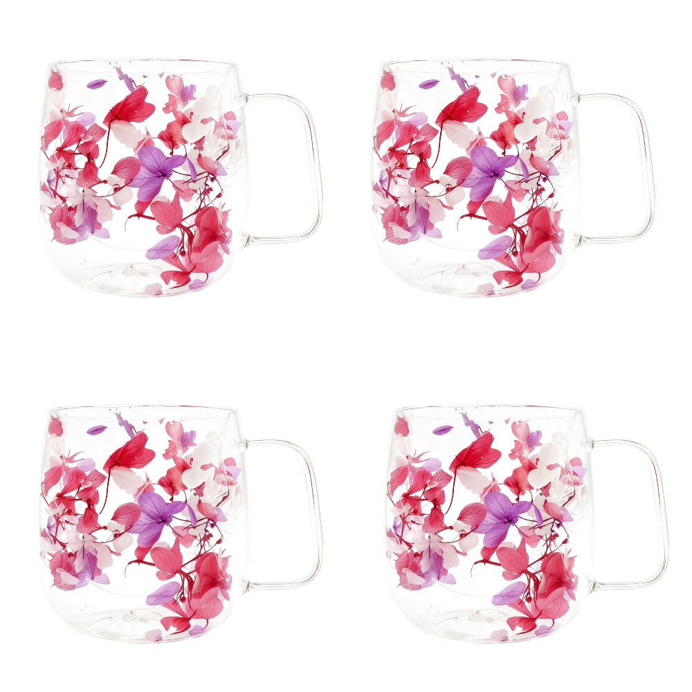 Double Wall Glass Coffee Cups with Handle Set of 4 – Borosilicate Thermal Mugs for Latte Cappuccino Tea | Dried Flower & Petal Design
