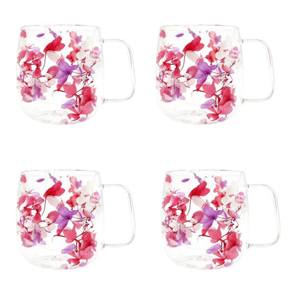 Double Wall Glass Coffee Cups with Handle Set of 4 – Borosilicate Thermal Mugs for Latte Cappuccino Tea | Dried Flower & Petal Design