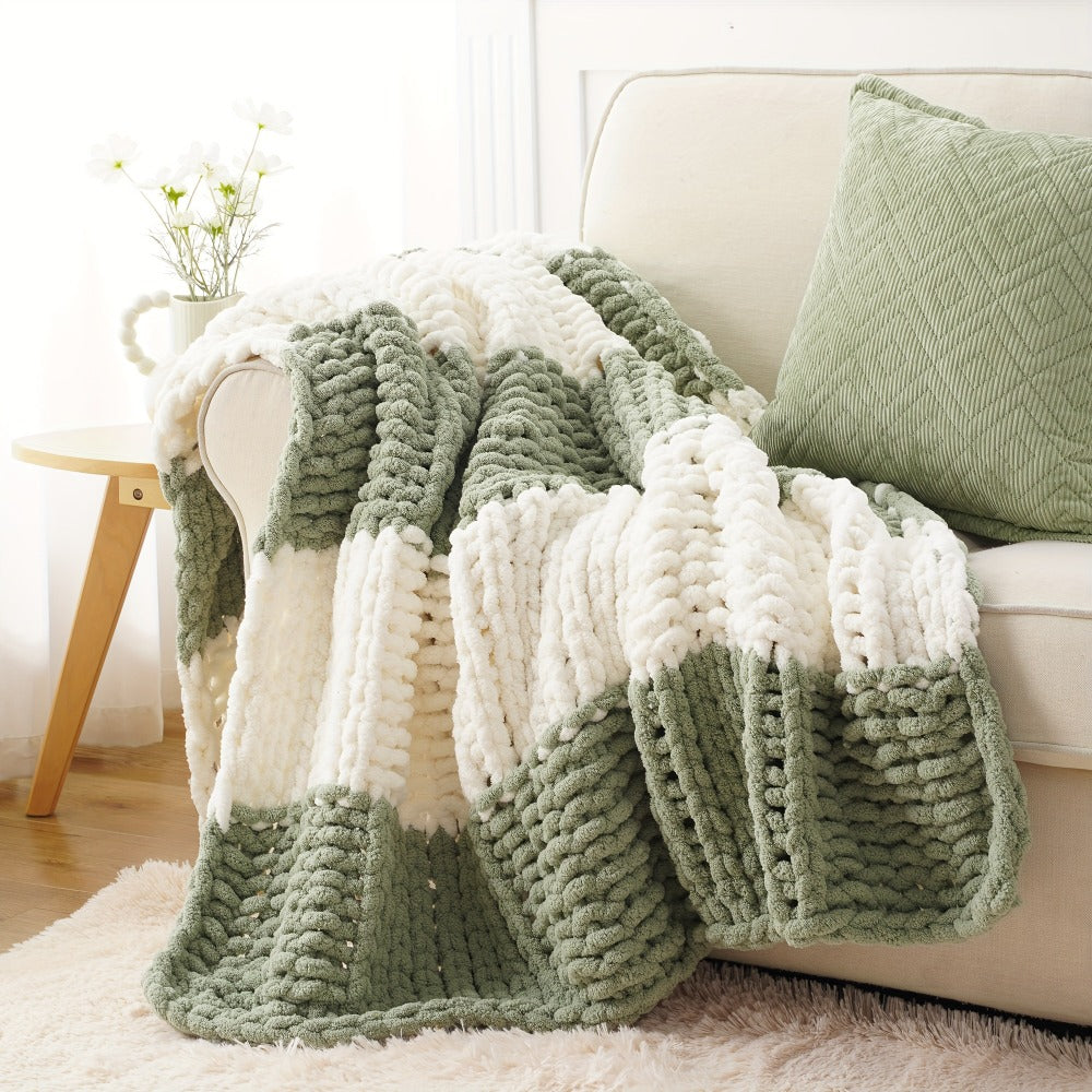 Chunky Chenille Cable Knit Throw Blanket, 350-400gsm Crochet Throw for Sofa, Bed & Couch, Vintage Patchwork