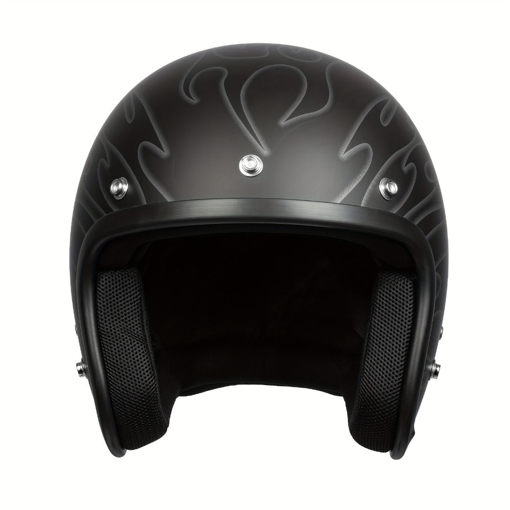 Motorcycle Helmet 3/4 Open-Face Design in Six Graphic Styles, S-XL Sizes with Front Snap Hardware and Padded Liner