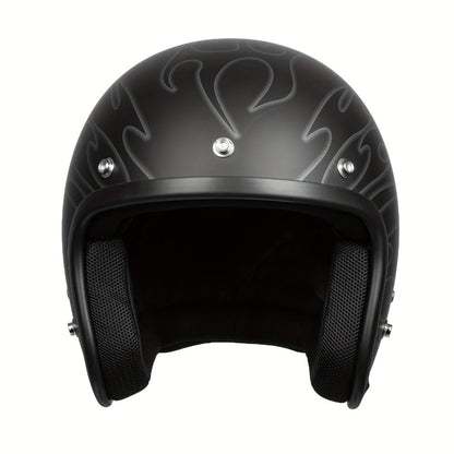 Motorcycle Helmet 3/4 Open-Face Design in Six Graphic Styles, S-XL Sizes with Front Snap Hardware and Padded Liner