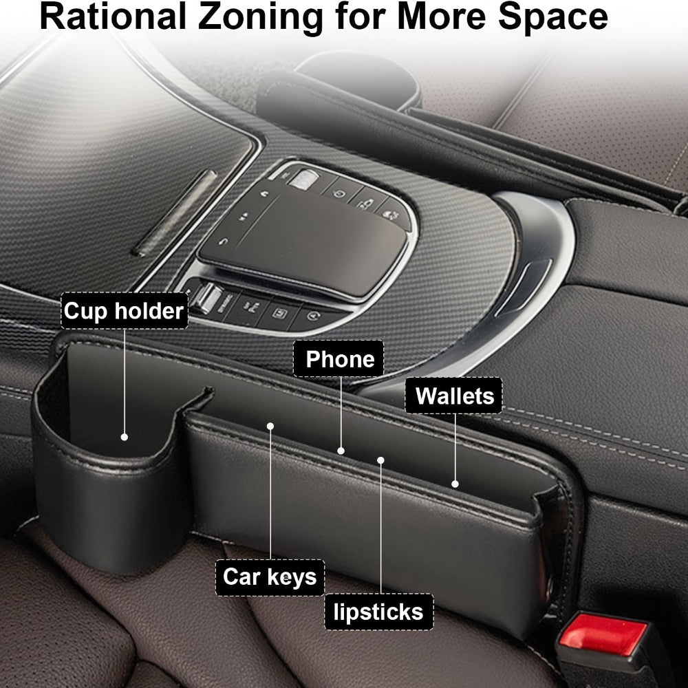 Car Seat Gap Organizer with Cup Holder – Adjustable PU Leather Side Seat Storage Box for Phone, Keys, Glasses & Cards | Multi-Functional Car