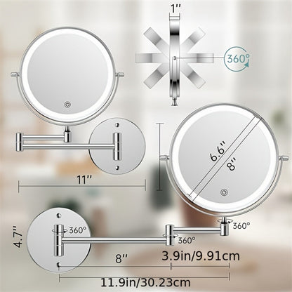 Makeup Mirror with Lights, Wall-Mounted 8-Inch Dual-Sided 1X and 10X with Three Light Colors, Touch Dimming and USB Charging