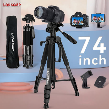 74-Inch Aluminum Camera Tripod in Black with Three-Way Pan Head, Two Quick-Release Plates, Phone Clip and Carry Bag
