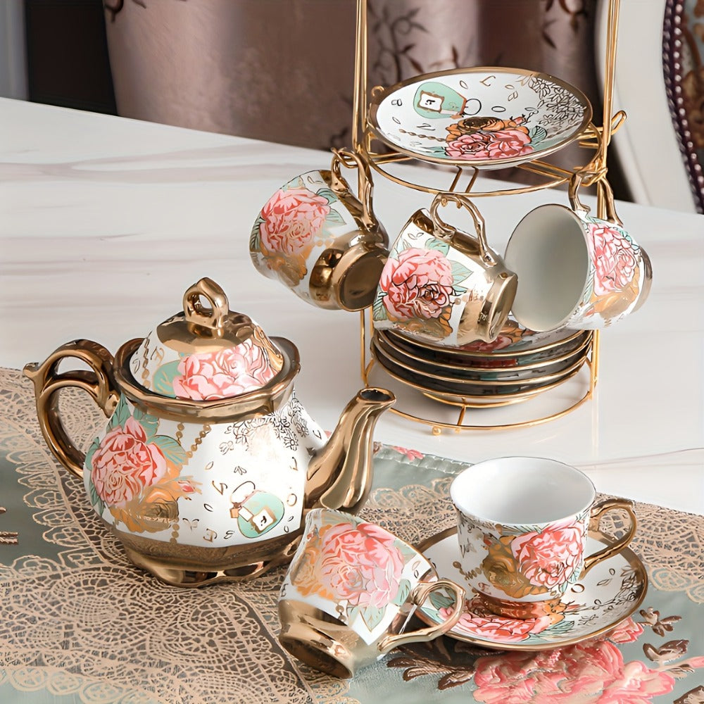 Floral Ceramic Tea Set 20 Pcs – European Porcelain Tea Cups & Saucers with Metal Holder & 15 Oz Teapot – Luxury Arabic Coffee Cup Set