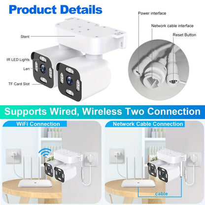 Dual-Lens PTZ Outdoor Security Camera with 2.4GHz WiFi, Wired Power and Single- or Two-Camera Options