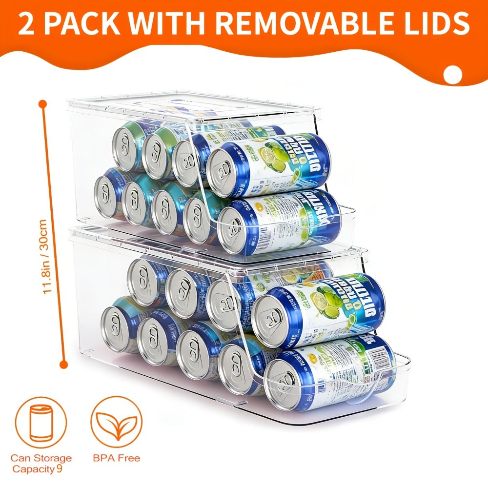 Soda Can Organizer for Refrigerator Stackable | Can Holder Dispenser with Lid for Fridge, Pantry & Freezer – Holds 9 Cans Each