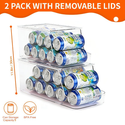 Soda Can Organizer for Refrigerator Stackable | Can Holder Dispenser with Lid for Fridge, Pantry & Freezer – Holds 9 Cans Each