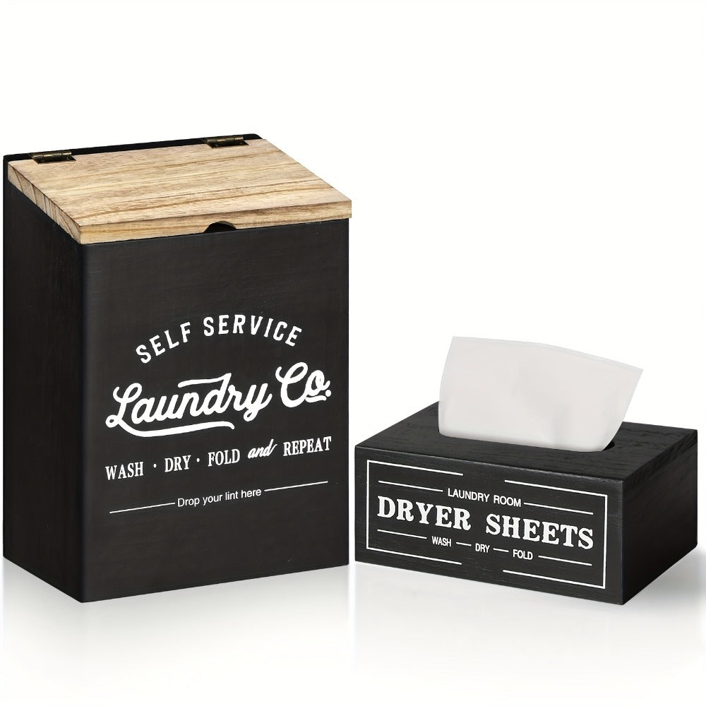 Magnetic Lint Holder & Dryer Sheet Dispenser 2-Pack, Farmhouse Wooden Lint Trash Can with Lid for Dryer