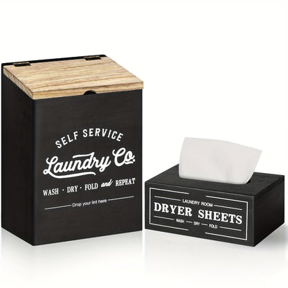 Magnetic Lint Holder & Dryer Sheet Dispenser 2-Pack, Farmhouse Wooden Lint Trash Can with Lid for Dryer