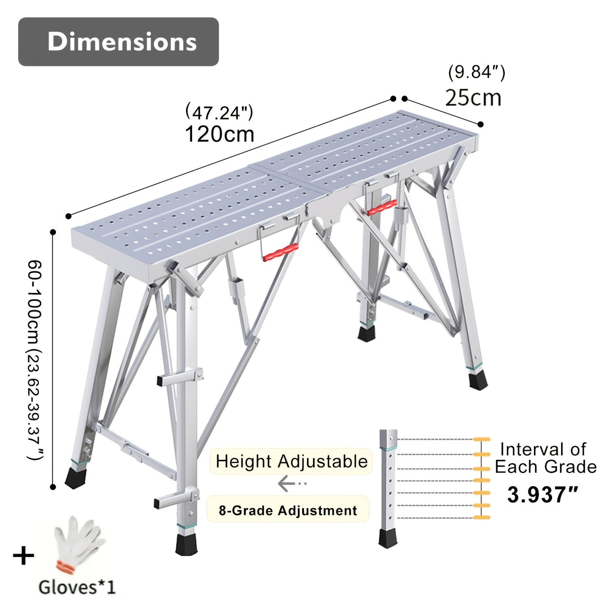 Adjustable Folding Scaffolding Work Platform, Portable Drywall Bench Step Ladder with Anti-Slip Feet & Safety Lock