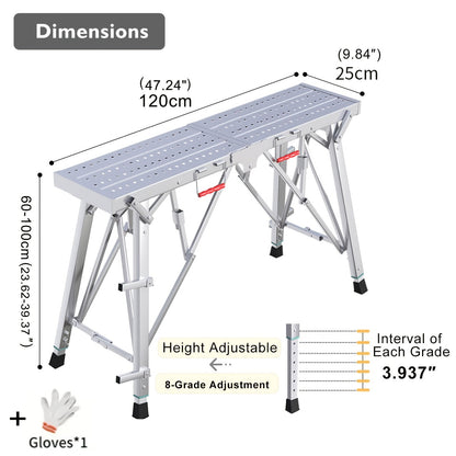 Adjustable Folding Scaffolding Work Platform, Portable Drywall Bench Step Ladder with Anti-Slip Feet & Safety Lock
