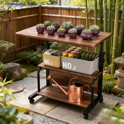 Garden Work Table 31.5" Adjustable Height Mobile Desk with Storage Shelves, Metal Frame, for Patio Outdoor Bedroom Office Potted Plant