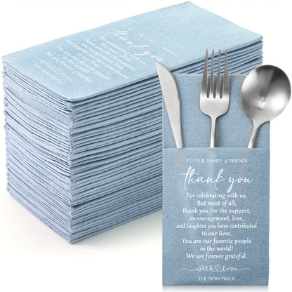 Wedding Cocktail Napkins 100pcs Thank You Napkins with Utensil Pocket Haze Blue Tissue Napkins for Bridal Shower Rehearsal Dinner Reception