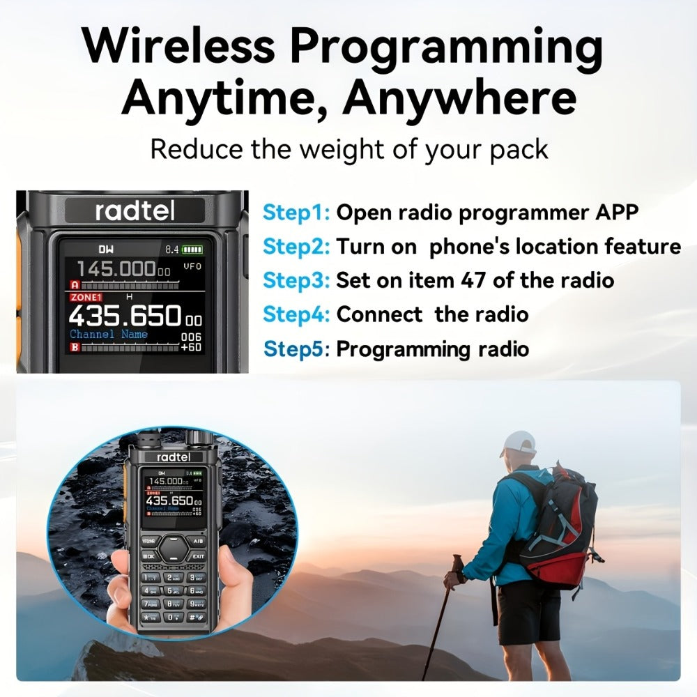 Tri-Band Ham Radio Handheld Walkie Talkie Radtel RT-910B, 6M VHF UHF Air Band Two-Way Radio, APP Programming