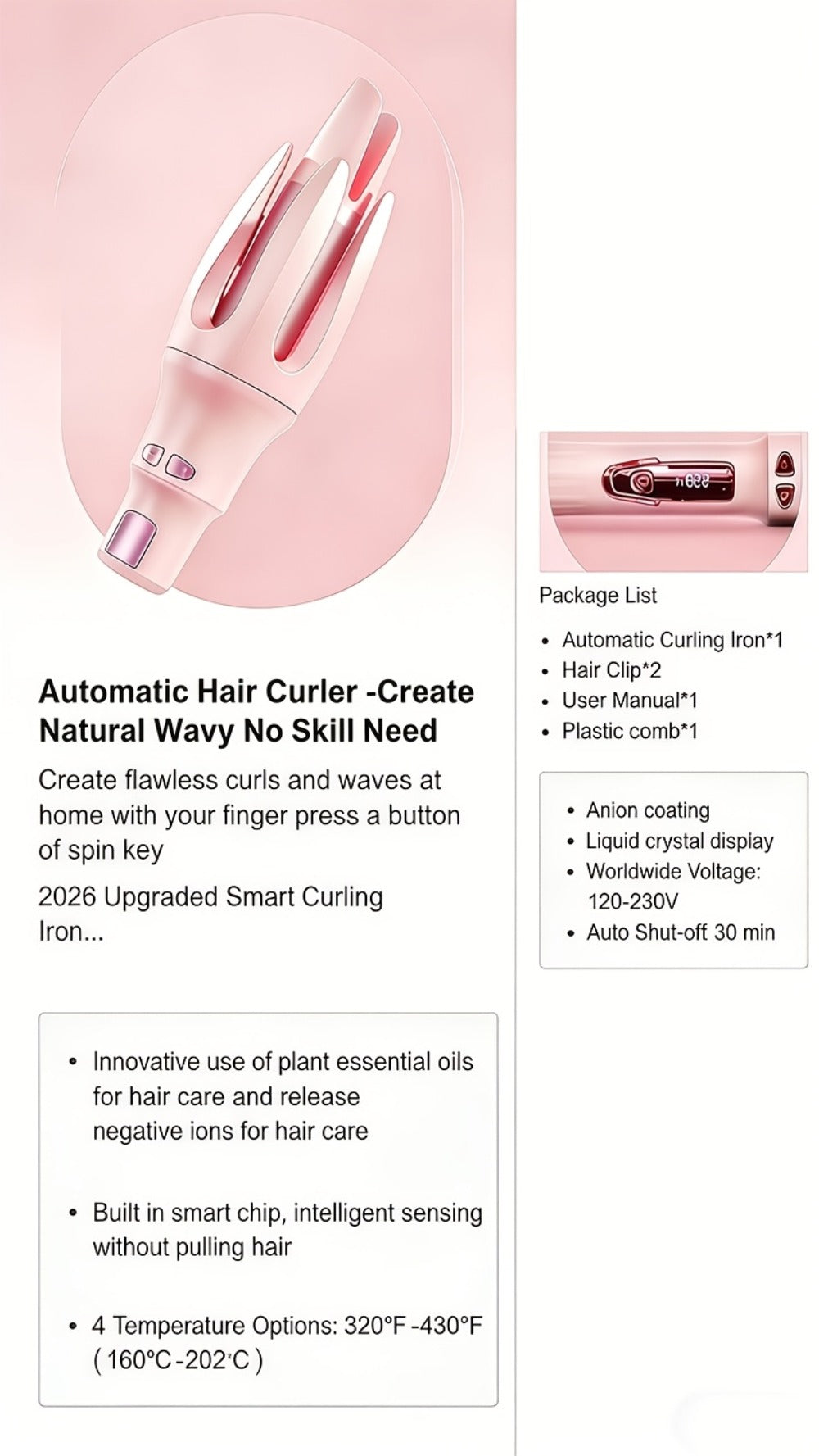 Automatic Rotating Curling Iron 4 Temperature Settings 40M Negative Ion Ceramic Barrel, for Home, Travel and Salon Hair Styling