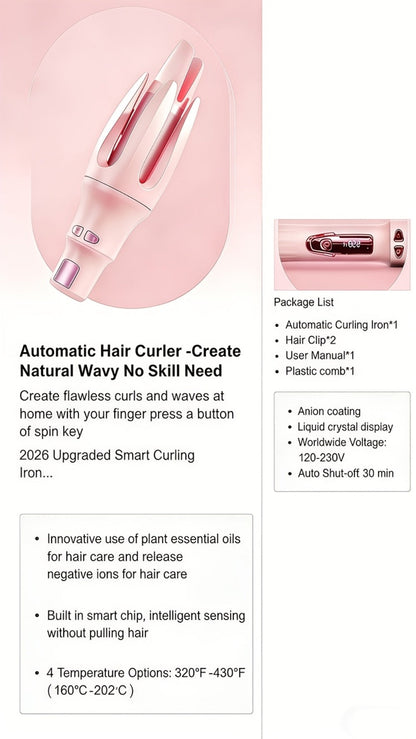 Automatic Rotating Curling Iron 4 Temperature Settings 40M Negative Ion Ceramic Barrel, for Home, Travel and Salon Hair Styling