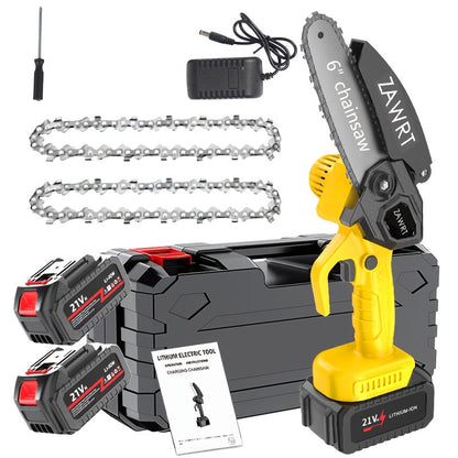 Electric Mini Chainsaw 6-Inch with Debris Guard & Toolbox - Cordless Handheld Pruning Saw with Safety Lock