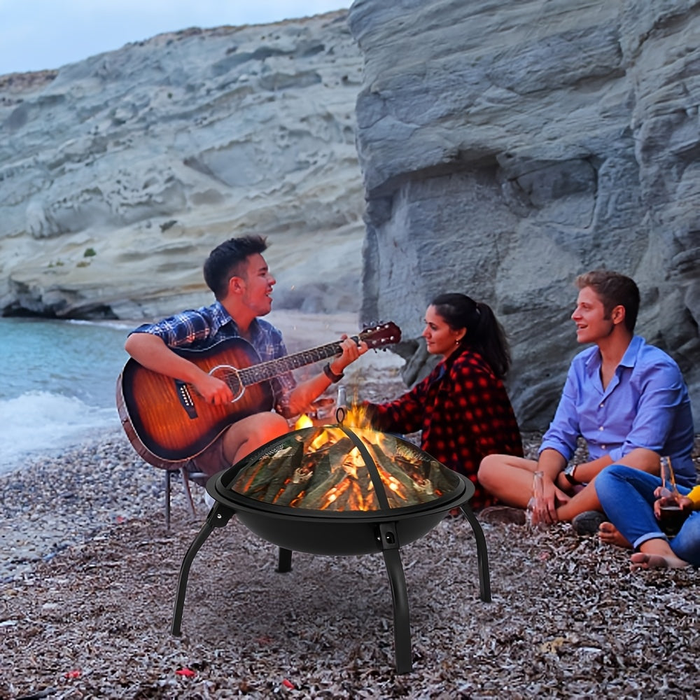 Square Fire Pit Table 32 Inch Metal Wood Burning Outdoor Fire Pit with Mesh Lid, Poker & Tabletop for Backyard Patio Garden Gatherings