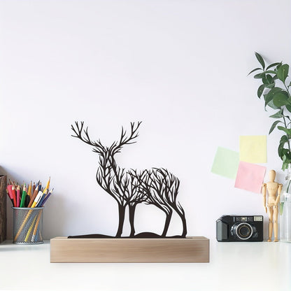 Deer Branch Silhouette Tabletop Decor with Black Iron-Metal Figures, Wood-Look Base and 5.9 x 5.9-Inch Size