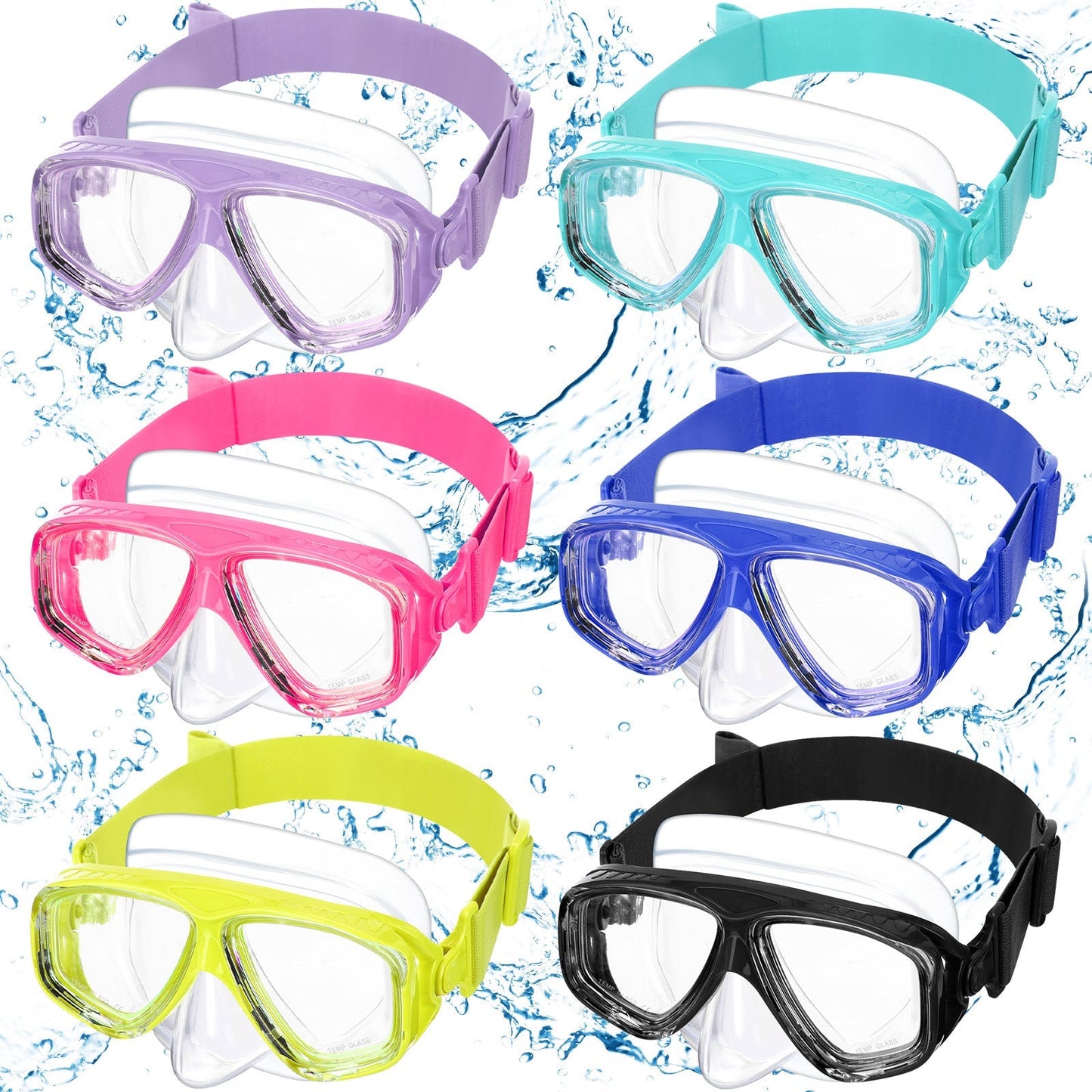 Six-Pack Nose-Cover Swimming Masks with 6.7-Inch Frames, Adjustable Elastic Straps and Mixed Color Assortment