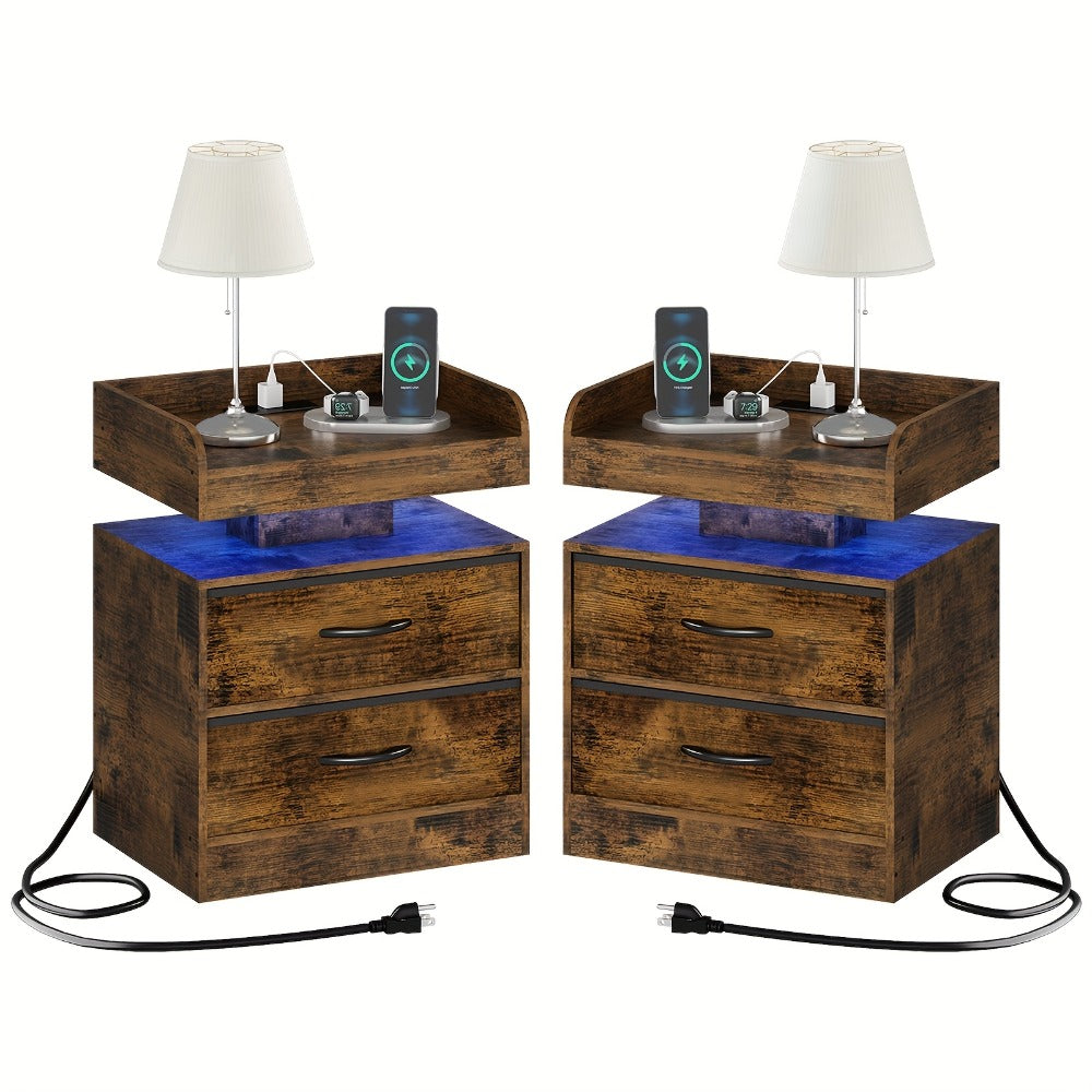Wooden Nightstand with LED Ambient Light & Charging Station, Fabric Drawer, Blue Glow for an Everyday Personal Care Routine