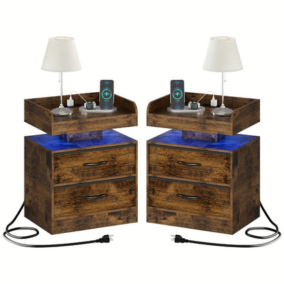 Wooden Nightstand with LED Ambient Light & Charging Station, Fabric Drawer, Blue Glow for an Everyday Personal Care Routine