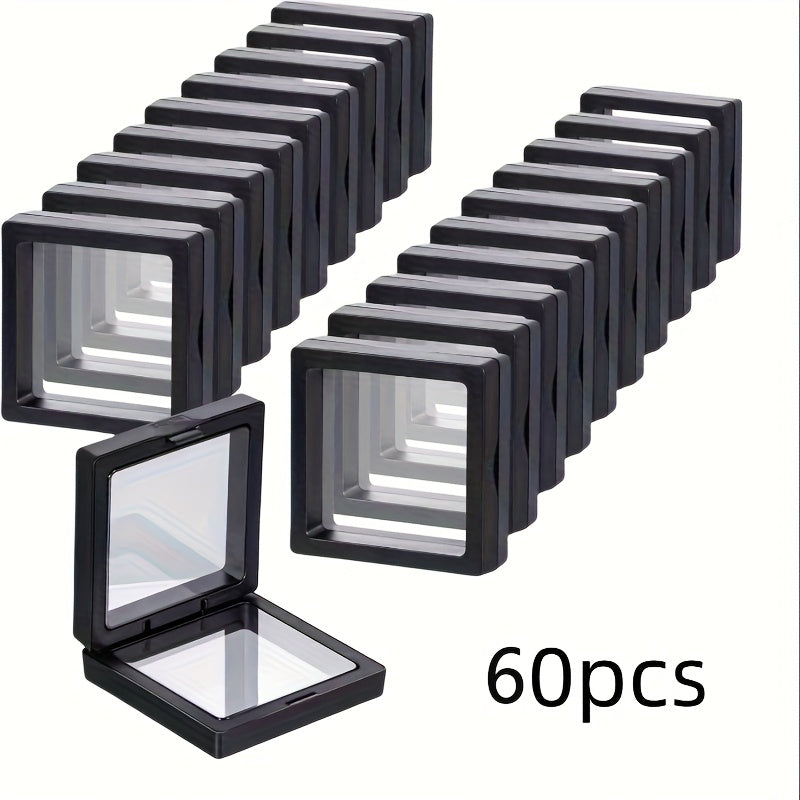 3D Floating Jewelry Display Box Set with Black Frames, Clear Flexible Panels and 30- or 60-Piece Options