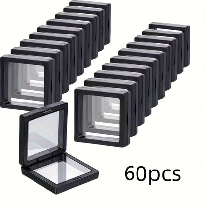 3D Floating Jewelry Display Box Set with Black Frames, Clear Flexible Panels and 30- or 60-Piece Options