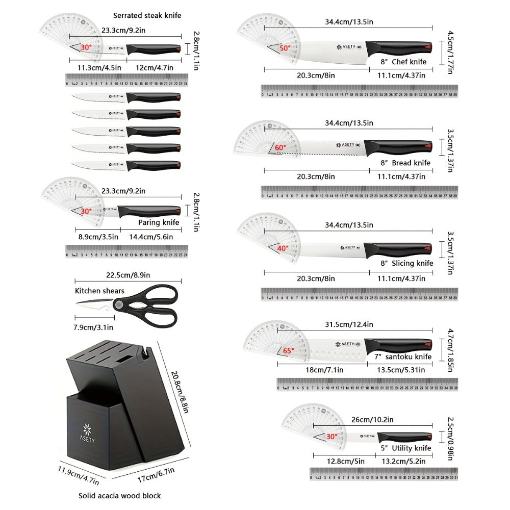 Kitchen Knife Set by ASETY, 15-Piece Stainless Steel Block Set with PP Handles in Two Finish Options